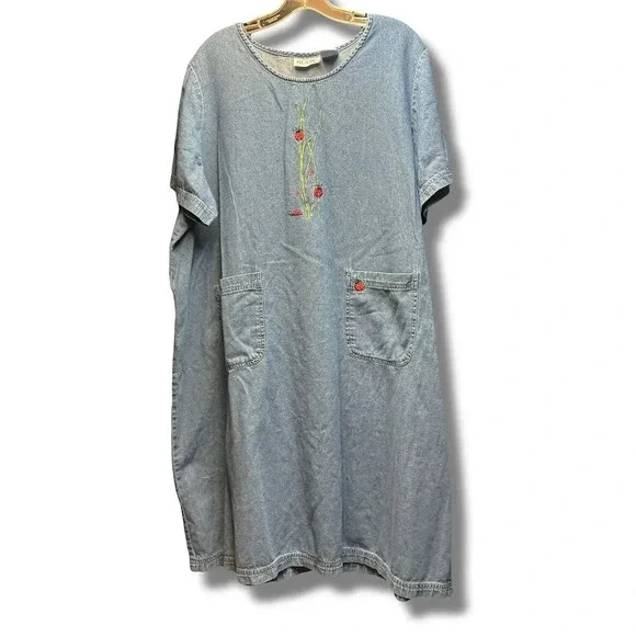 Blair Women's 2XL Vintage Denim Dress Embroidered Ladybug Blue Casual - Picture 3 of 8